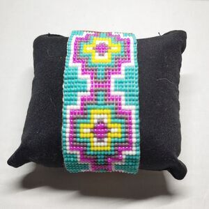 Loomed Beaded Bracelet Teal, Pink and Yellow